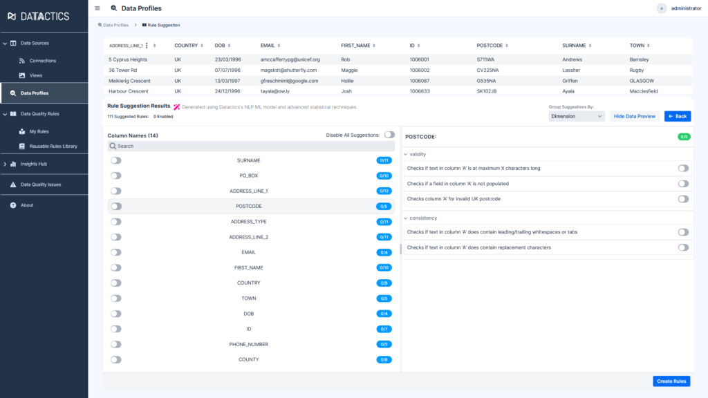 screenshot showing AI-suggested data quality rules in Datactics ADQ